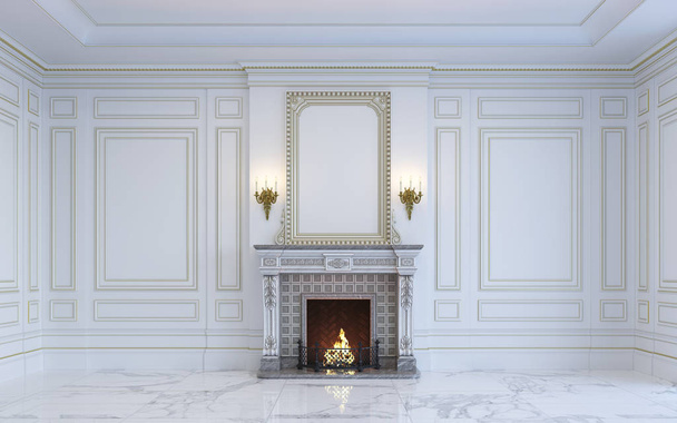 Um interior clássico está em tons claros com lareira. Renderização 3d
. - Foto, Imagem