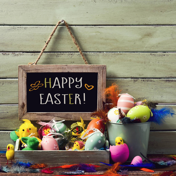 decorated easter eggs and text happy easter - Photo, Image