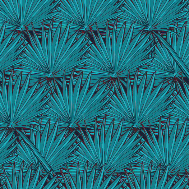 Lotus background. Floral seamless pattern with water lilies and fan palm tree leaves on deep blue background. - Vector, Image