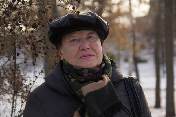 Retrato de la anciana en el parque de invierno, de cerca
 - Foto, Imagen