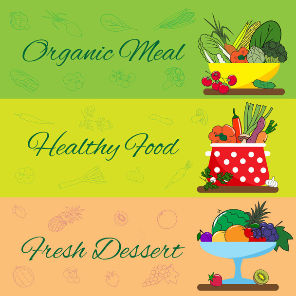 Bandiere con verdure, icone di frutta per ristorante vegetariano, menu di cucina casalinga, ricette biologiche
 - Vettoriali, immagini