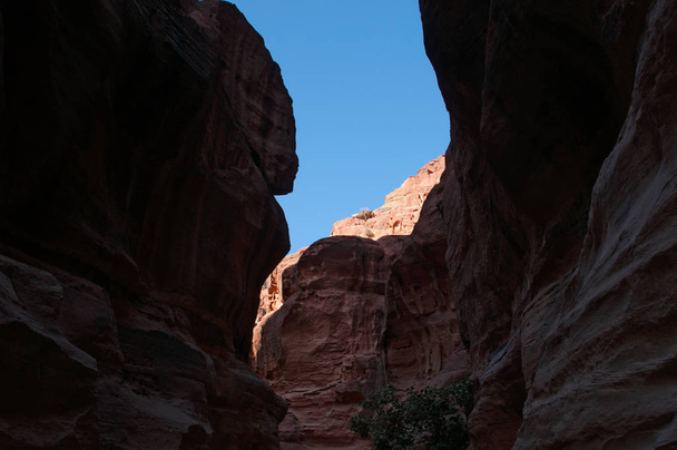 Giordania, Medio Oriente: forme, colori e sfumature diverse delle rocce rosse viste passeggiare nel canyon del Siq, l'Albero, l'ingresso principale della città archeologica nabatea di Petra
 - Foto, immagini