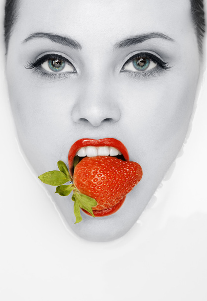 Beautiful red lips with strawberry. Fashion toned portrait of yo - Fotoğraf, Görsel