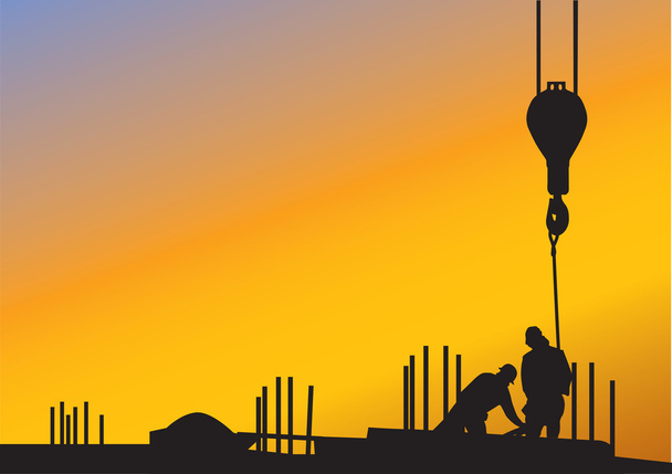 Auringonlasku tausta siluetteja rakennusalan työntekijöiden
 - Vektori, kuva