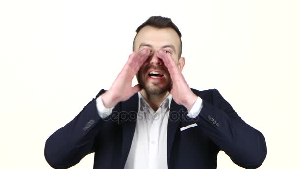 Man shout with his hands to his face. White background - Video