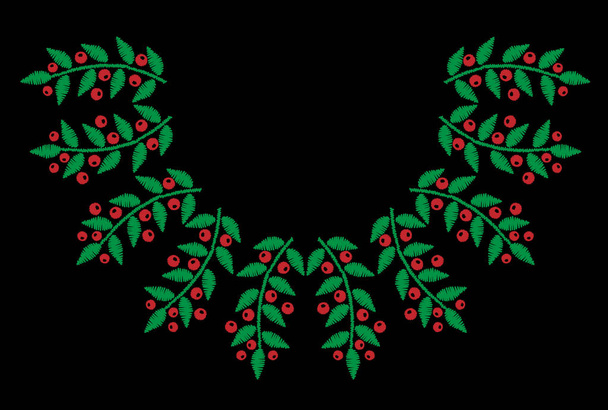 Zöld levél a piros bogyó hímzés öltés utánzata a b - Vektor, kép