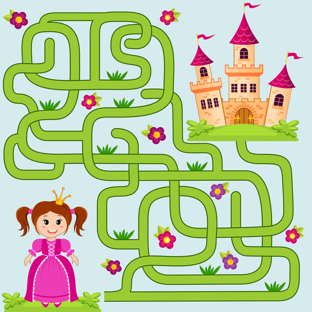 Help little cute princess find path to castle. Labyrinth. Maze game for kids - Вектор,изображение