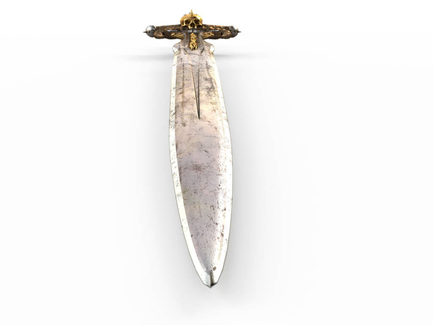Une longue épée fantasmée, avec un crâne et de l'or sur un fond blanc isolé. Illustration 3d - Photo, image