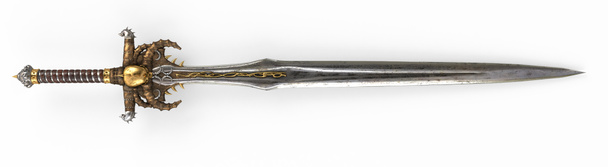 Una espada larga de fantasía, con un cráneo y oro sobre un fondo blanco aislado. ilustración 3d - Foto, Imagen