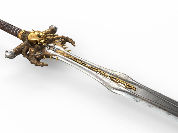 Bir fantezi uzun kılıç, izole beyaz arka planda bir kafatası ve altın ile. 3d illüstrasyon - Fotoğraf, Görsel