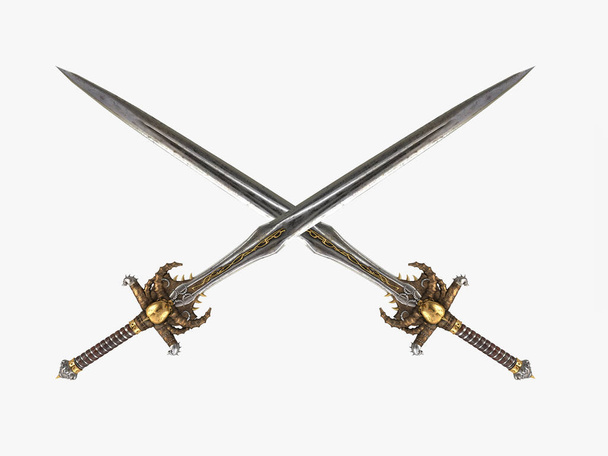 Uma espada comprida de fantasia, com um crânio e ouro num fundo branco isolado. ilustração 3d - Foto, Imagem