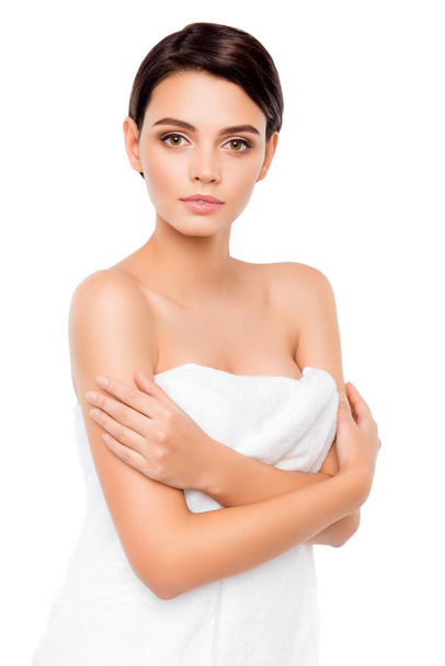 Young pretty cute girl standing in towel crossing hands - Foto, immagini