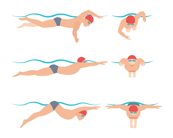 Ilustración vectorial del esquema de estilo de natación diferentes nadadores hombre y mujer en el ejercicio deportivo de la piscina
. - Vector, Imagen