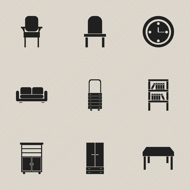 Conjunto de 9 iconos de muebles editables. Incluye símbolos tales como armario, Davenport, atril y más. Puede ser utilizado para el diseño de la tela, móvil, interfaz de usuario e infografía
. - Vector, imagen