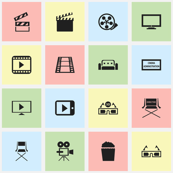Set de 16 iconos de películas editables. Incluye símbolos tales como agencia de teatro, monitor, asiento de tiro y más. Puede ser utilizado para el diseño de la tela, móvil, interfaz de usuario e infografía
. - Vector, Imagen