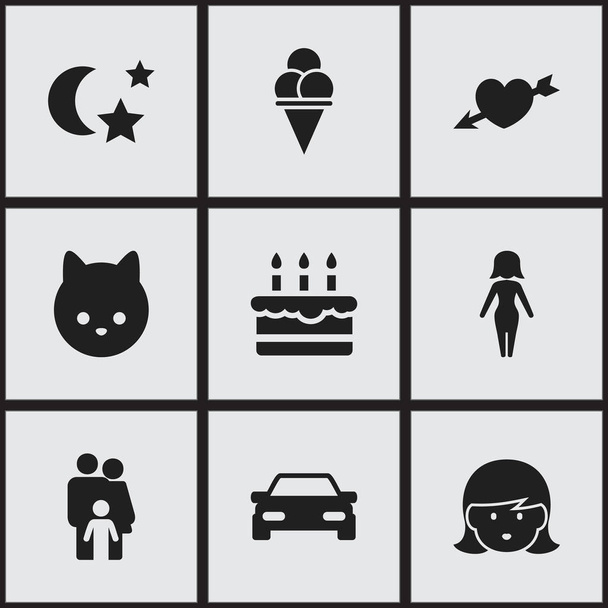 Set Of 9 Editable Folks Icons. Includes Symbols Such As Automobile, Mother, Love And More. Can Be Used For Web, Mobile, UI And Infographic Design. - Vector, Image