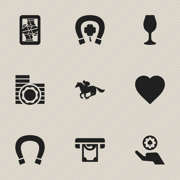 Ensemble de 9 Icônes de jeu modifiables. Comprend des symboles tels que Jockey, charme de chance, Blackjack et plus. Peut être utilisé pour le Web, mobile, interface utilisateur et infographie
. - Vecteur, image