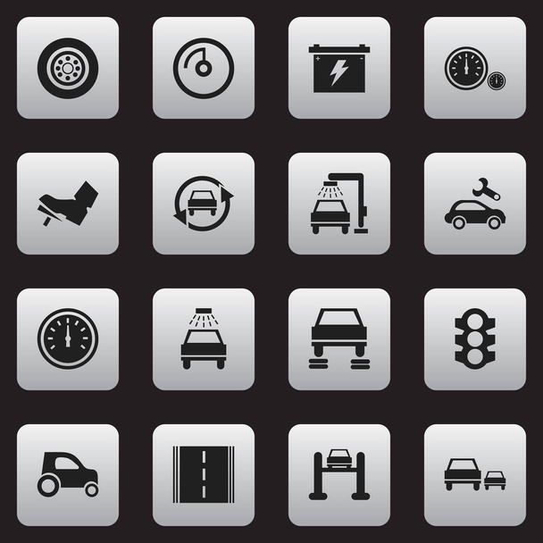Satz von 16 editierbaren Transport-Symbolen. beinhaltet Symbole wie Auto, Autobahn, Tacho und vieles mehr. kann für Web-, Mobil-, UI- und Infografik-Design verwendet werden. - Vektor, Bild