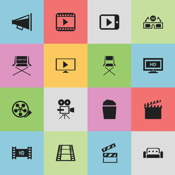 "Set of 16 Editable Filming Icons. Включает в себя такие символы, как диван, лента, стрельба место и многое другое. Can be used for Web, Mobile, UI and Infographic Design
. - Вектор,изображение