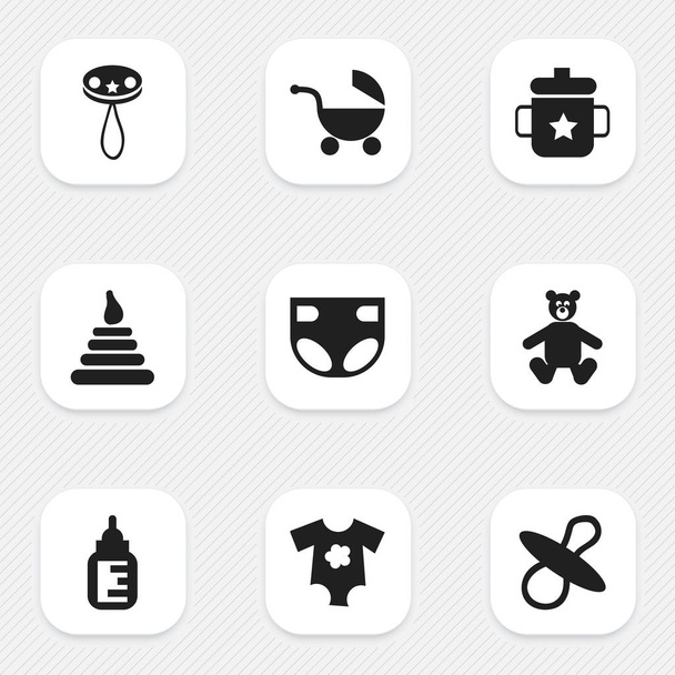 Set Of 9 Editable Child Icons. Includes Symbols Such As Teddy, Nursing Bottle, Tower And More. Can Be Used For Web, Mobile, UI And Infographic Design. - Vector, Image