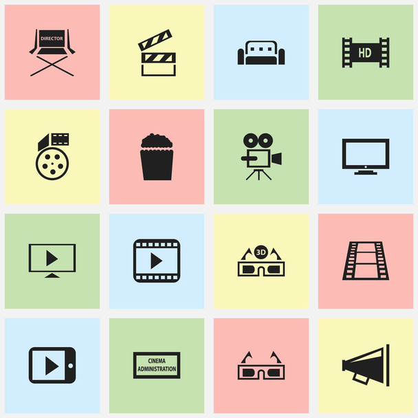 Set Of 16 Editable Cinema Icons. Includes Symbols Such As Theater Agency, Film Glasses, Hd Tape And More. Can Be Used For Web, Mobile, UI And Infographic Design. - Διάνυσμα, εικόνα