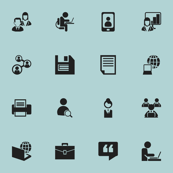 Készlet 16 szerkeszthető Office ikonok. Magában foglalja a jeleket, mint például a telefon, a munkavállaló, a személy dolgozik a számítógépen, és több. Lehet használni a Web, mobil, Ui és Infographic Design. - Vektor, kép