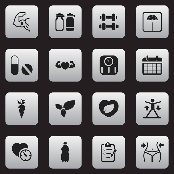 Készlet 16 szerkeszthető gyakorlat ikonok. Magában foglalja a szimbólumokat tabletta, növény, képzés és így tovább. Lehet használni a Web, mobil, Ui és Infographic Design. - Vektor, kép