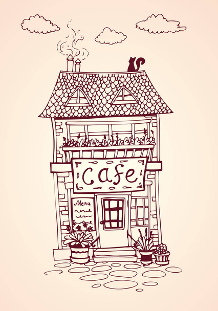 Cozy vintage street cafe house. European architecture. Hand drawn Vector Illustration. - Vector, Image