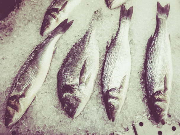 peixe fresco no gelo. Filtro retro vintage
 - Foto, Imagem