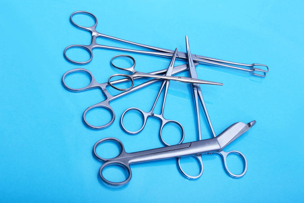Surgical instruments and tools on table for a surgery - Foto, Imagen