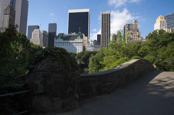 Gapstow bridge under the shade and buildings of Manhattan in summer - Foto, Imagen