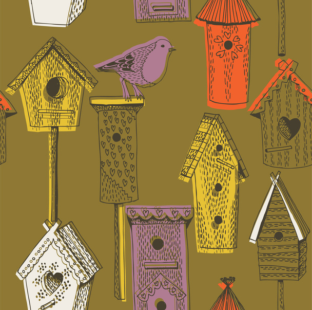 Colorful birdhouses. seamless pattern - Vector, Image
