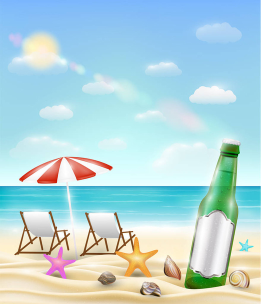 пляшка пива і морська мушля морська зірка на морському піщаному пляжі
 - Вектор, зображення