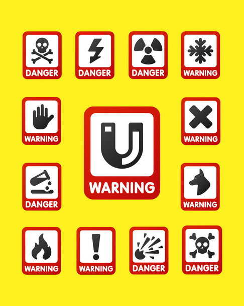 Prohibición signos conjunto industria producción vector amarillo rojo advertencia peligro símbolo prohibido seguridad información y protección no permitida precaución información
. - Vector, imagen