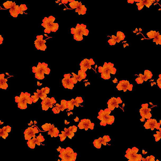 Seamless pattern red small flowers on the black background. Watercolor. - Valokuva, kuva