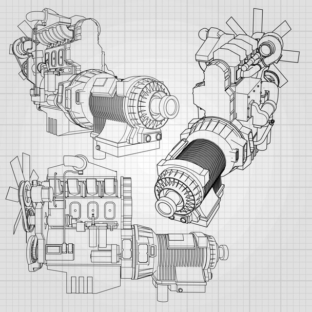 A big diesel engine with the truck depicted in the contour lines on graph paper. The contours of the black line on the grey background. - Vector, Image