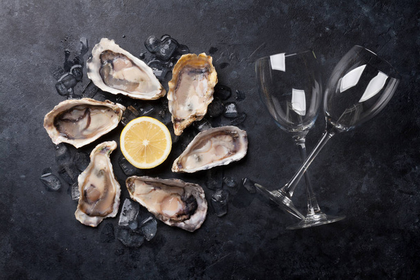 oysters, lemon and wine glasse - Photo, Image