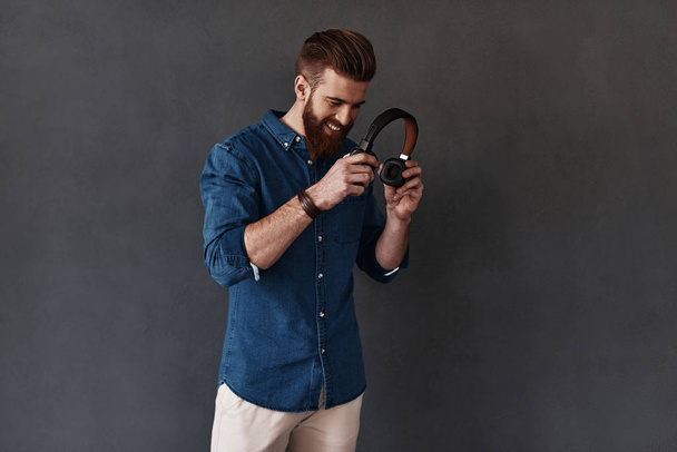 handsome bearded man with headphones - Photo, Image