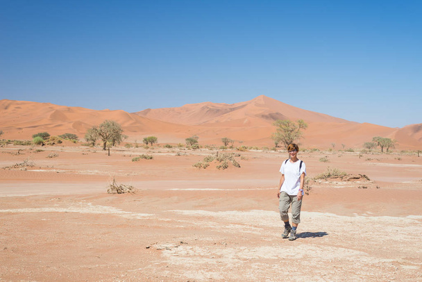 Promenade touristique à Sossusvlei, désert de Namib, parc national de Namib Naukluft, desétination de voyage scanique en Namibie. Aventure et exploration en Afrique
. - Photo, image