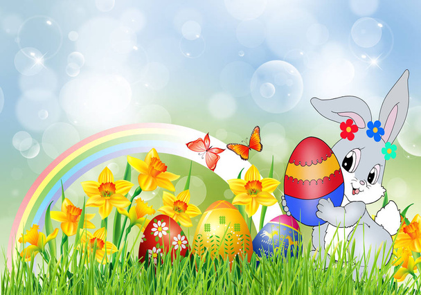 Easter Bunny with Daffodils Eggs and butterflies  - Vector, Image