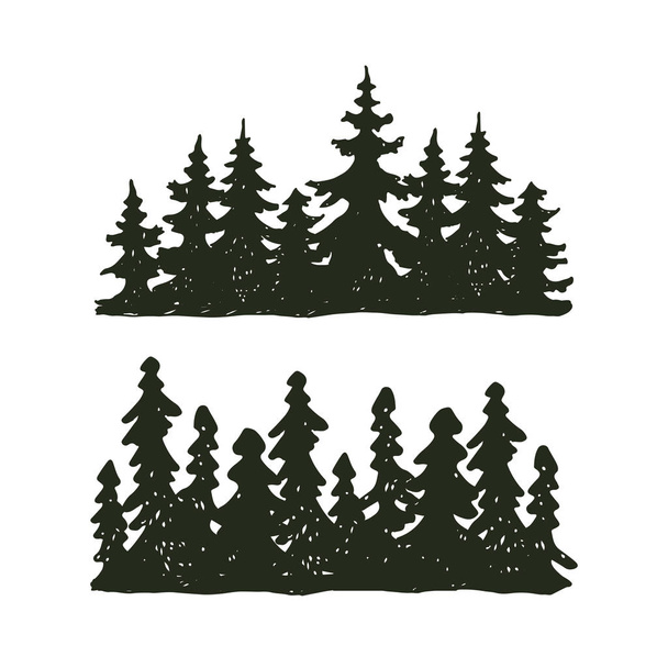 Viaggio all'aperto albero silhouette nera conifere distintivo naturale, cime pino abete rosso ramo cedro e pianta foglia astratto stelo disegno vettore illustrazione
. - Vettoriali, immagini