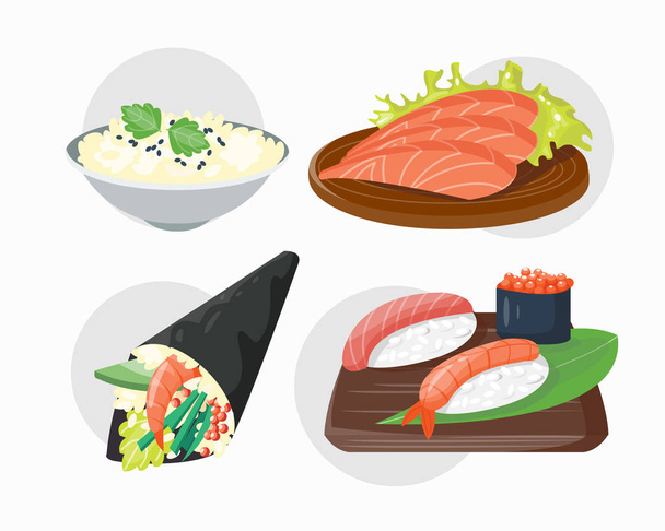 Sushi japanese cuisine traditional food flat healthy gourmet icons and oriental restaurant rice asia meal plate culture roll vector illustration. - Διάνυσμα, εικόνα