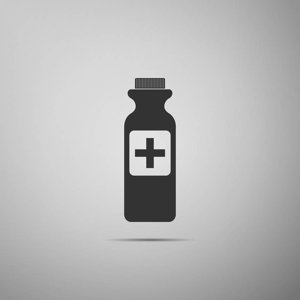 Bouteille avec des pilules médicales icône plate sur fond gris. Symbole des comprimés. Soins de santé. Illustration vectorielle
 - Vecteur, image