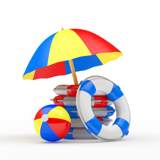 Parasol, bal en stapel reddingsboeien - Foto, afbeelding