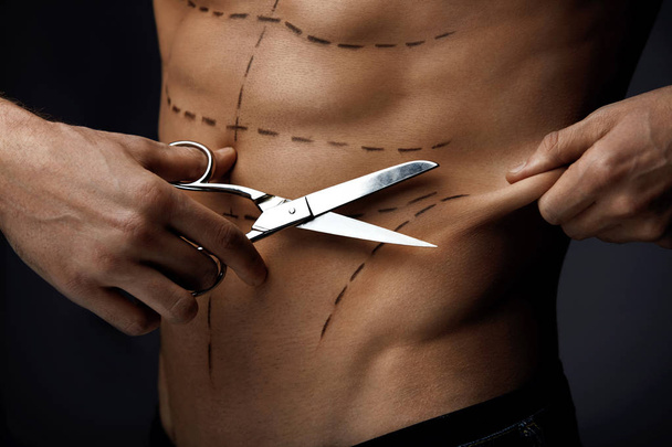Sexy Hot Male Body With Surgical Lines And Scissors In Hand - Zdjęcie, obraz
