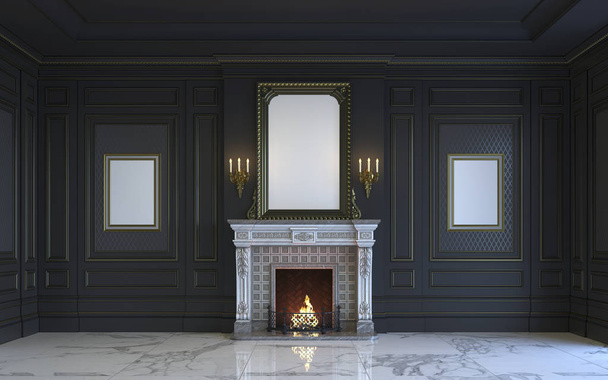 Um interior clássico está em tons escuros com lareira. Renderização 3d
. - Foto, Imagem