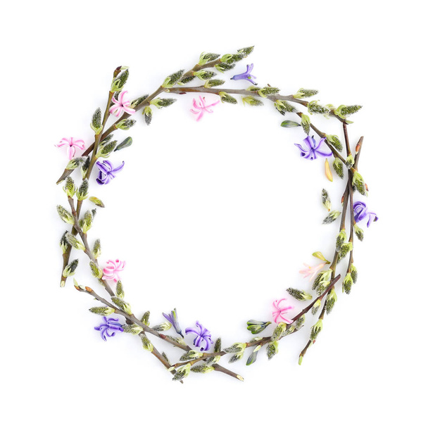 Pussy-willow branches with flowers hyacinth circle frame - Photo, Image