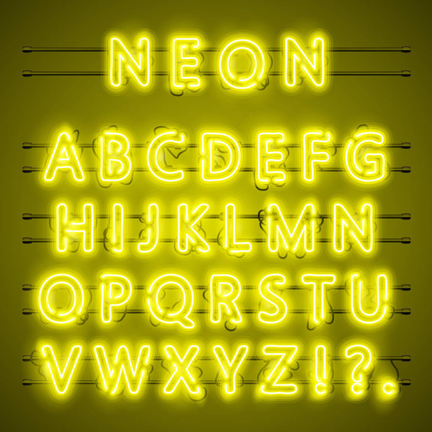 Neon lettertype stad tekst, nacht gele alfabet, vectorillustratie - Vector, afbeelding