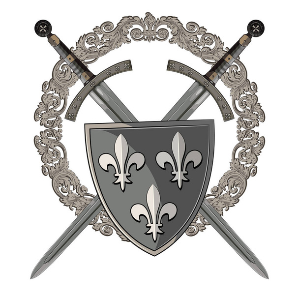 Espada de cavaleiro. Dois cavaleiros cruzados da espada no quadro de ornamento medieval e escudo heráldico medieval
 - Vetor, Imagem