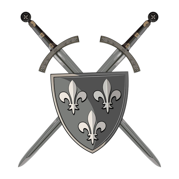 Rycerski miecz. Dwa skrzyżowane rycerz miecza i tarczy herbowej średniowieczny - Wektor, obraz